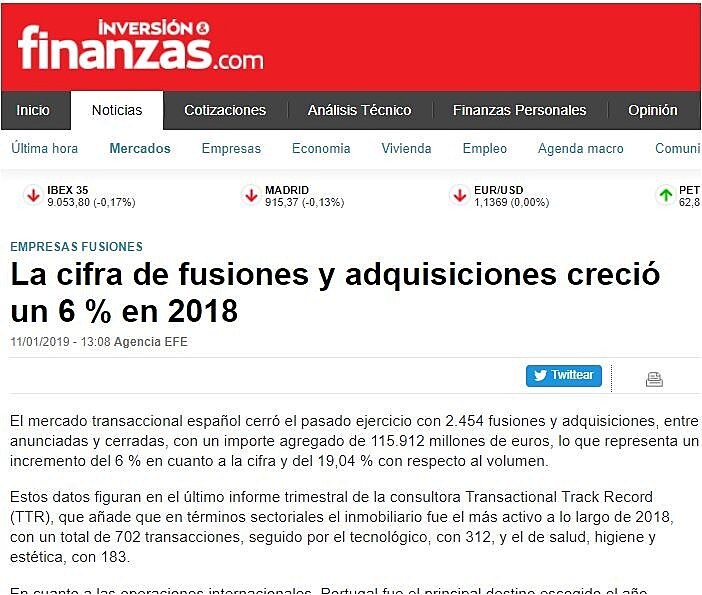 La cifra de fusiones y adquisiciones creci un 6 % en 2018